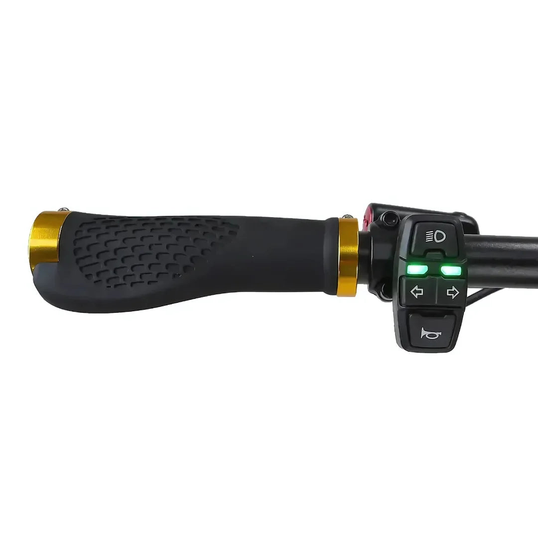 Electric Scooter Kaabo Wolf King Gtr features a textured black grip with gold accents and integrated controls.