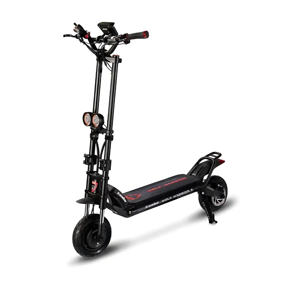 Electric Scooter Kaabo Wolf Warrior X Plus features a sleek design, robust frame, dual headlights, and durable tires.