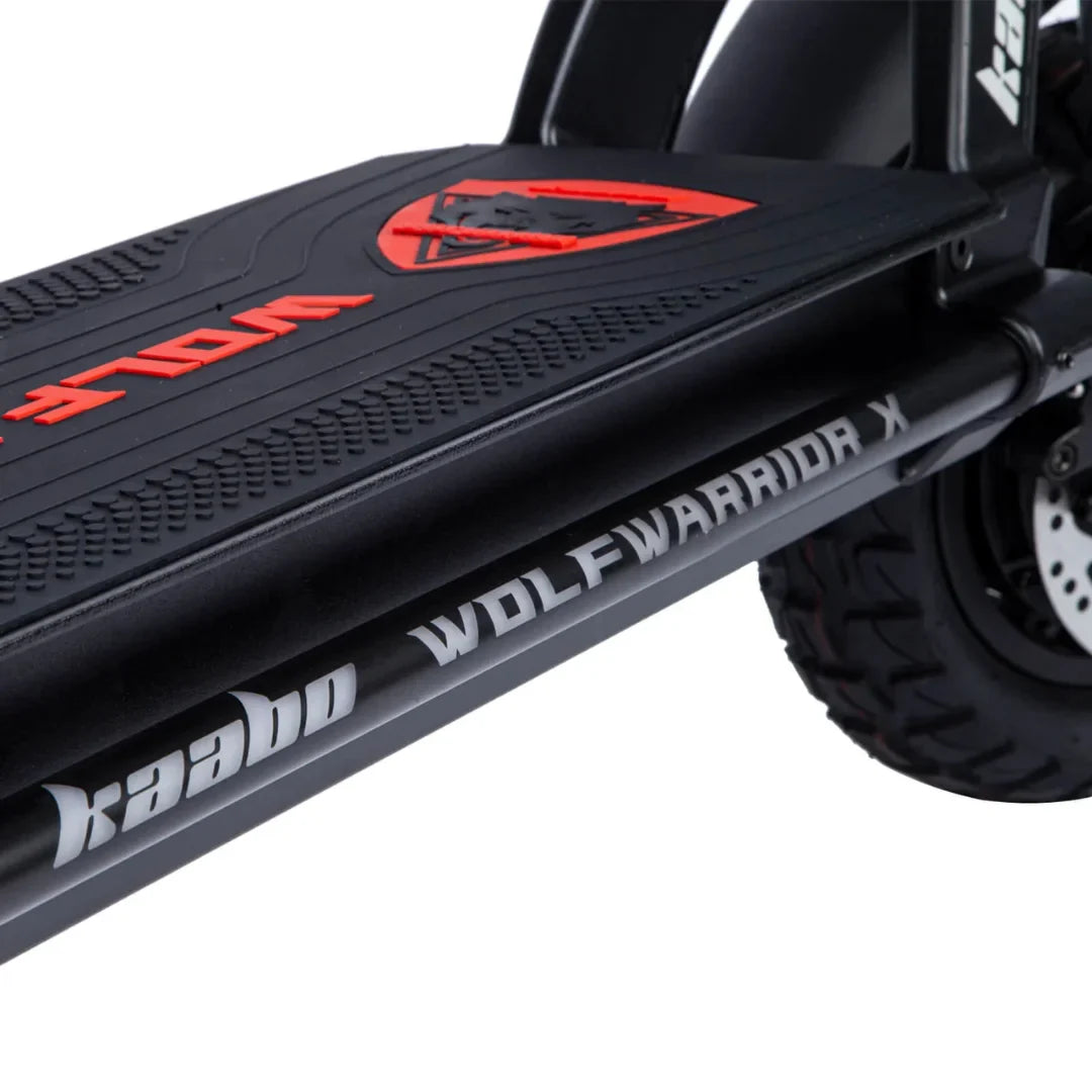 Electric Scooter Kaabo Wolf Warrior X Plus features a sturdy design with textured footpad, robust frame, and clear branding.