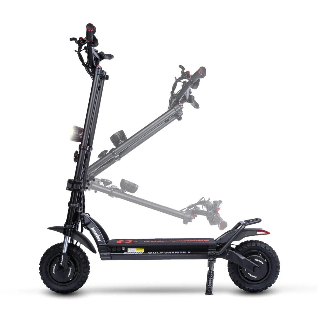 Electric Scooter Kaabo Wolf Warrior X Plus features a sleek design, adjustable handlebars, robust tires, and powerful lighting.