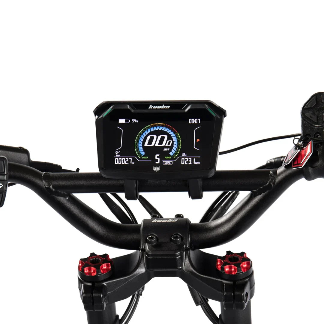 Electric Scooter Kaabo Wolf Warrior X Plus features a sleek dashboard displaying speed and battery level.