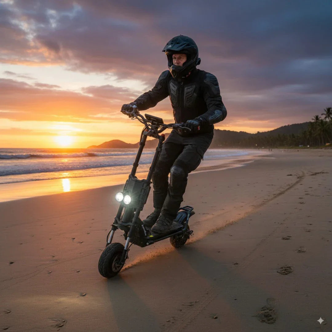Electric scooter Kaabo Wolf King GTR – rider on beach at sunset