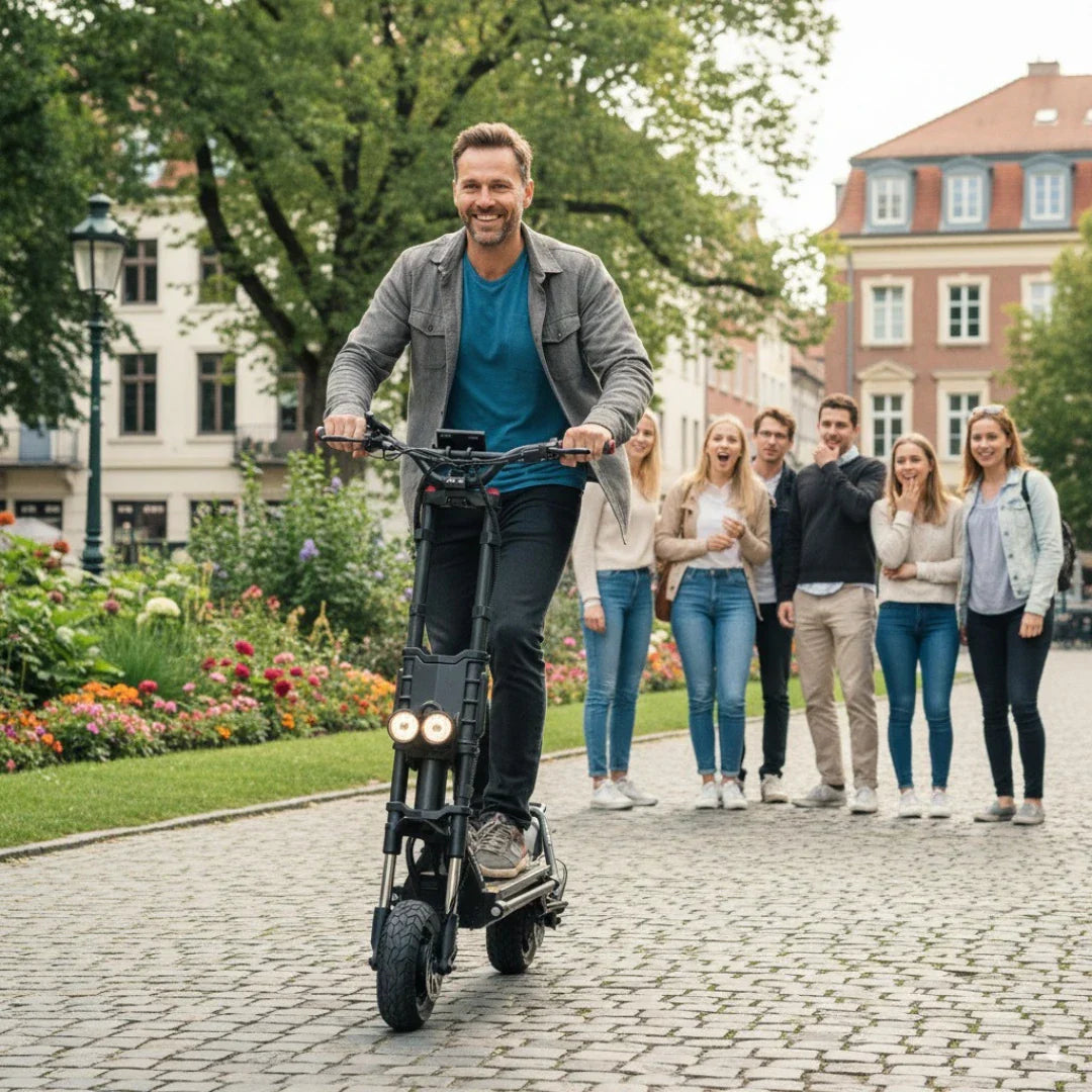 Electric scooter Kaabo Wolf King GTR – man riding in park with onlookers