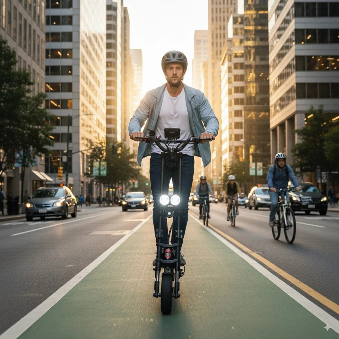 Electric scooter Kaabo Wolf Warrior X Plus – rider on city street bike lane
