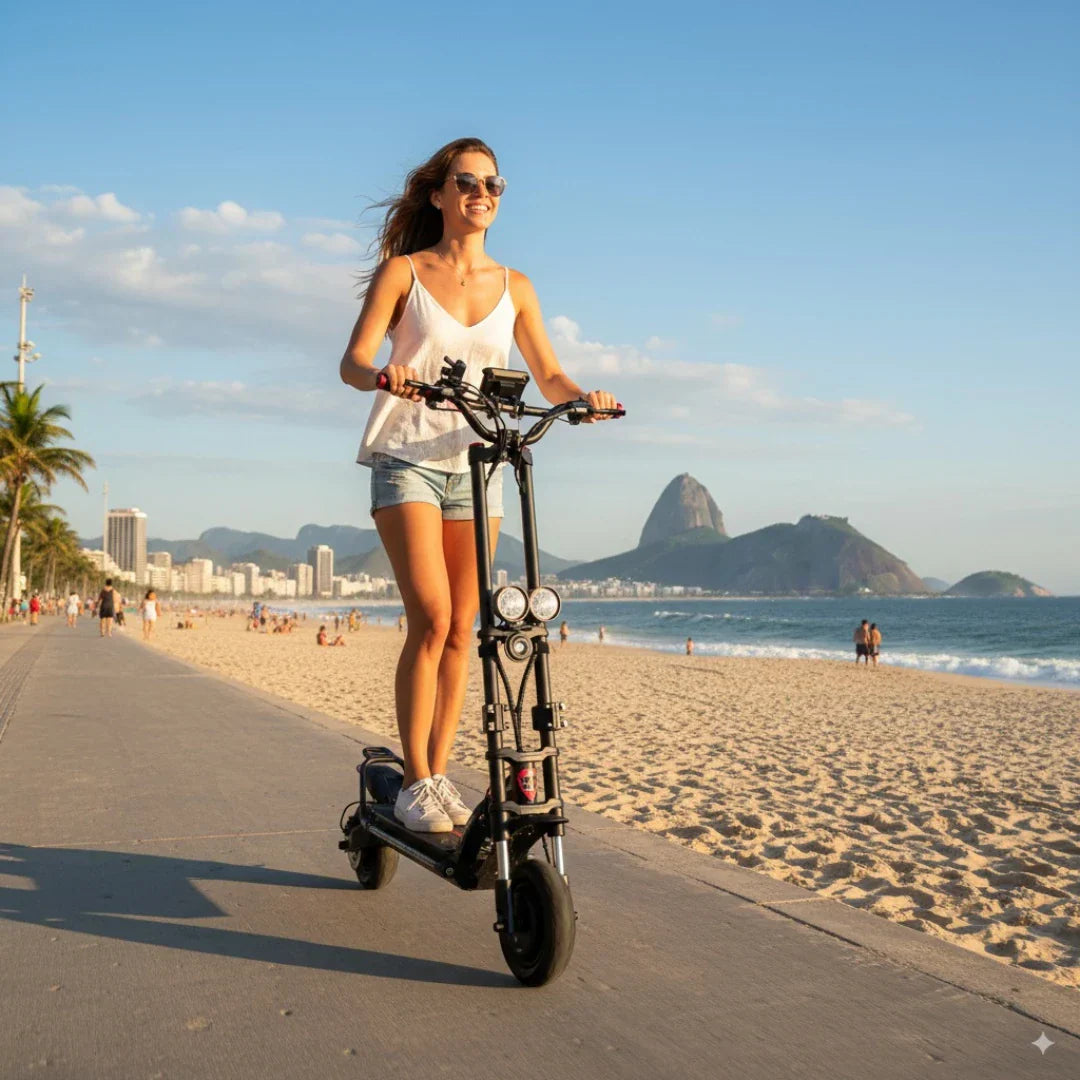 Electric scooter Kaabo Wolf Warrior X Plus – woman riding on beach promenade