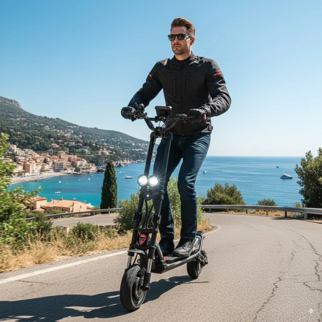 Electric scooter Kaabo Wolf Warrior X Plus – man riding on coastal road