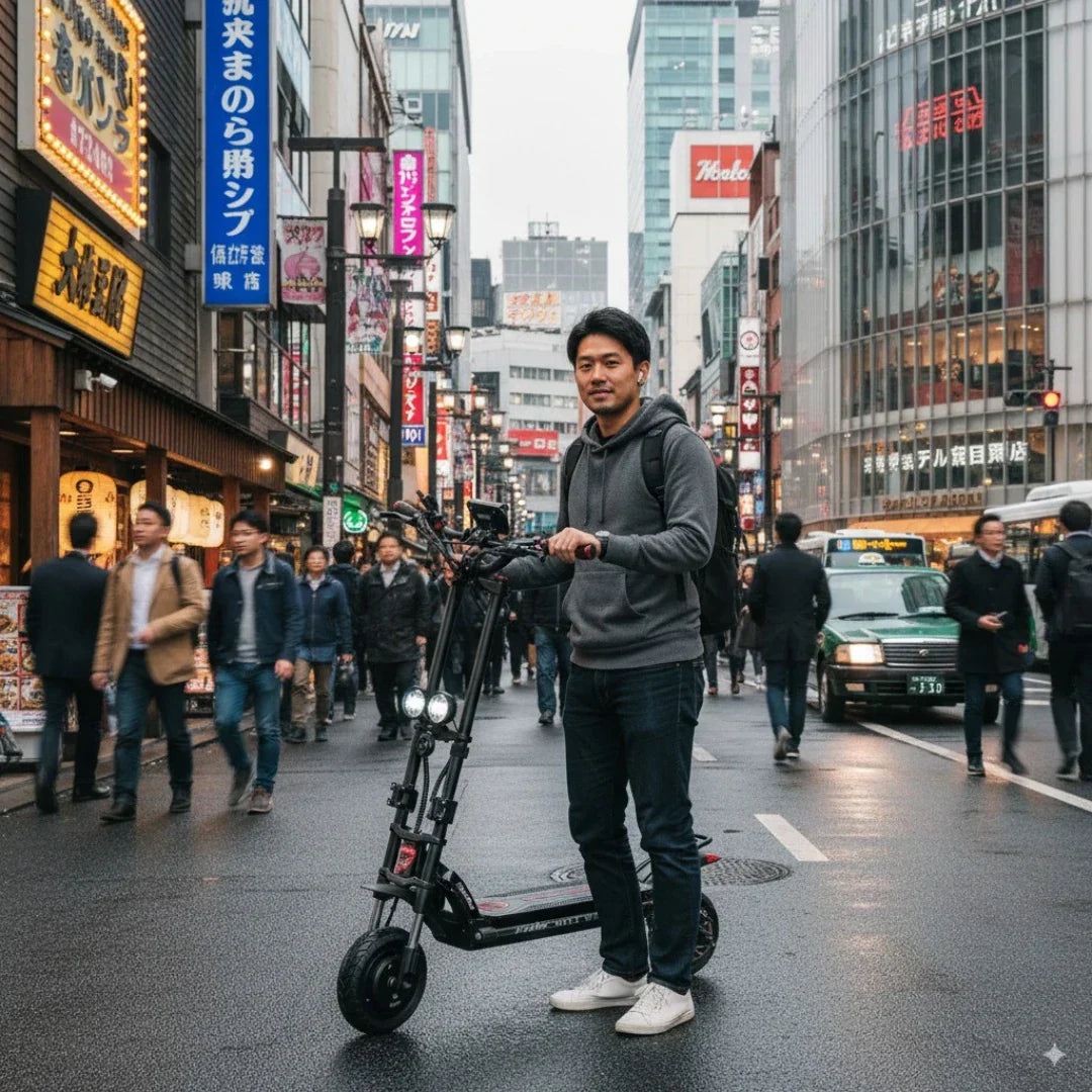 Electric scooter Kaabo Wolf Warrior X Plus – rider standing on city street