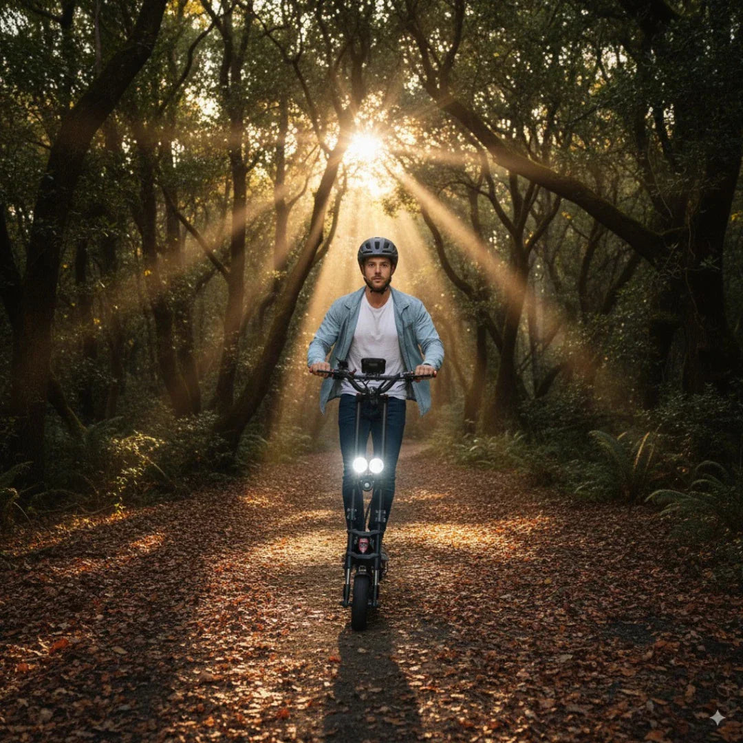 Electric scooter Kaabo Wolf Warrior X Plus – rider on forest path with sunbeams