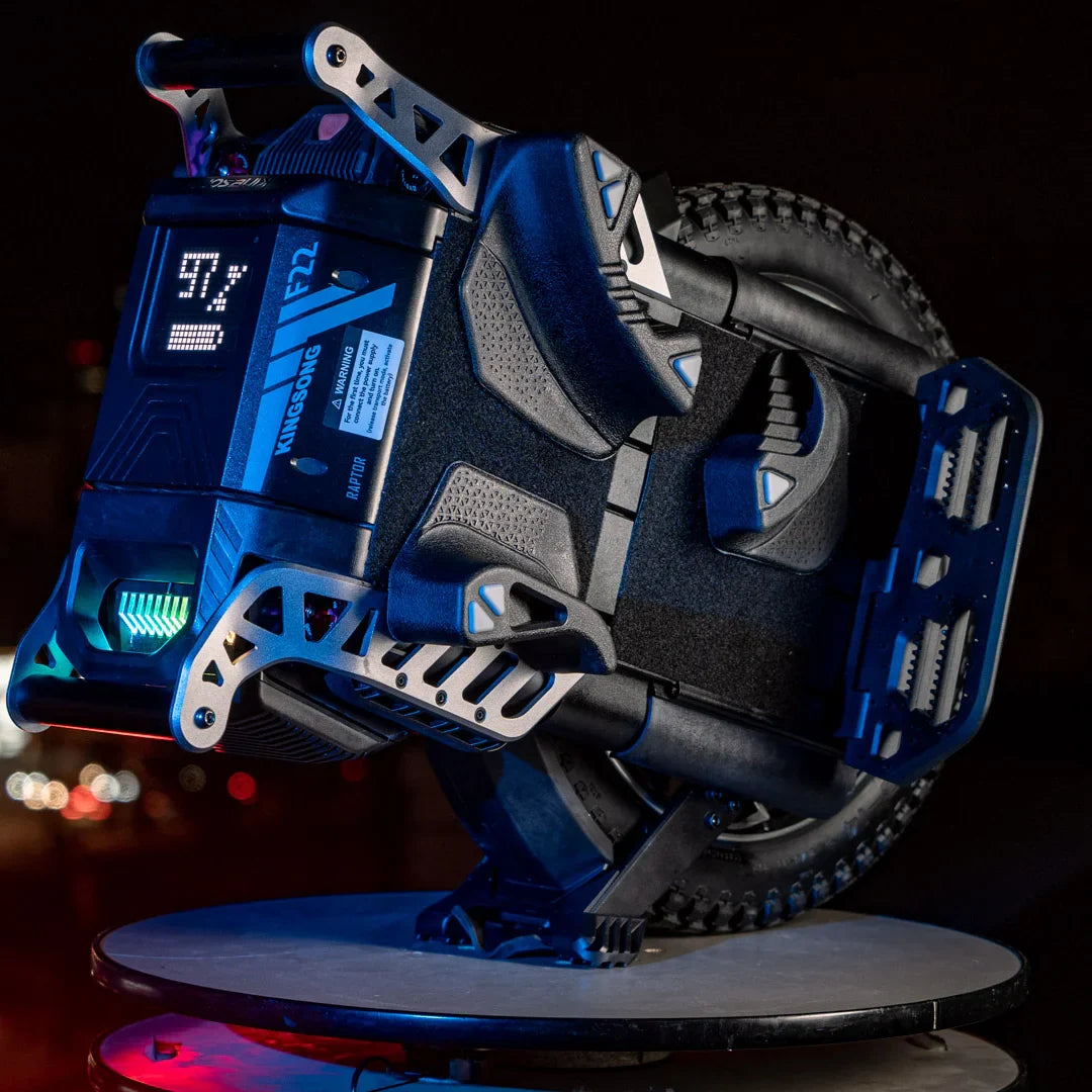 Electric Unicycle Kingsong F22 Pro features a sleek design, robust frame, LED display, and illuminated accents.