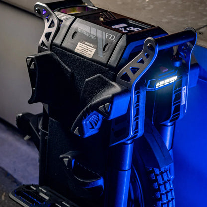 Electric Unicycle Kingsong F22 Pro features a sleek design, illuminated controls, and ergonomic footrests for comfort.