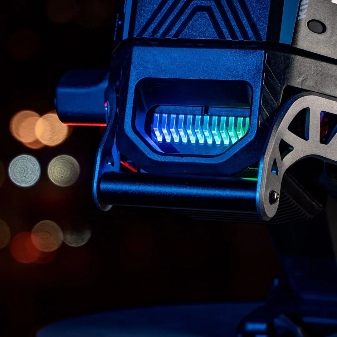 Electric Unicycle Kingsong F22 Pro features a sleek design with colorful LED lighting for unique aesthetics.