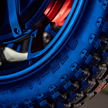 Electric Unicycle Kingsong F22 Pro features a durable blue wheel with heavy-duty tire treads for stability.