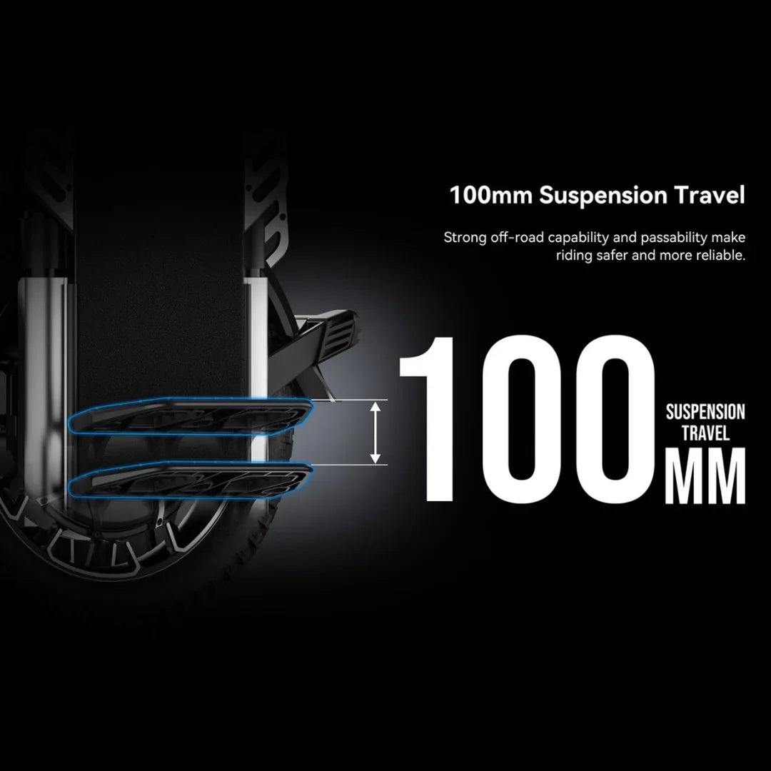 Electric Unicycle Kingsong F22 Pro features 100mm suspension travel, ensuring excellent off-road capability.