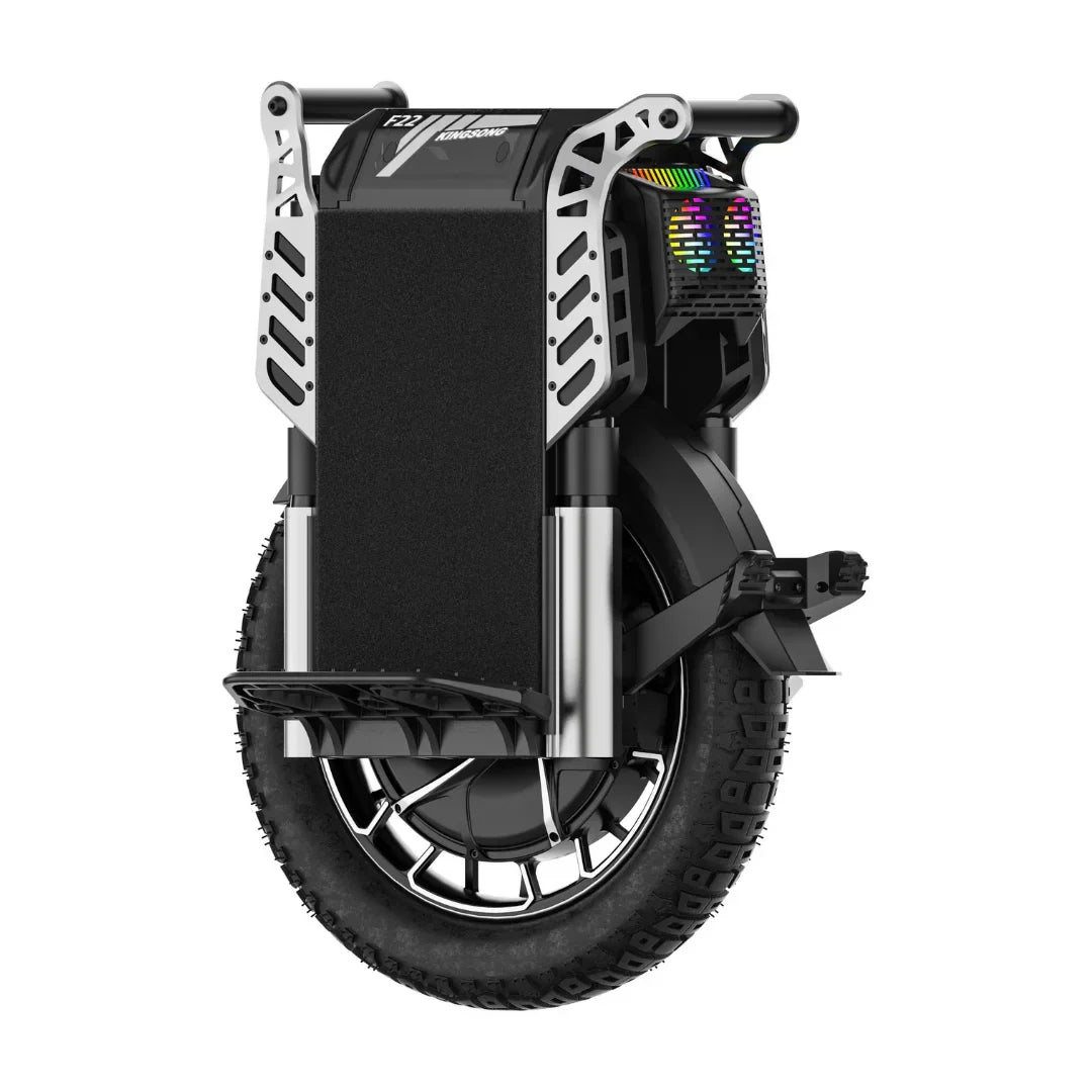 Electric unicycle KingSong F22 Pro – front three-quarter view, lights on