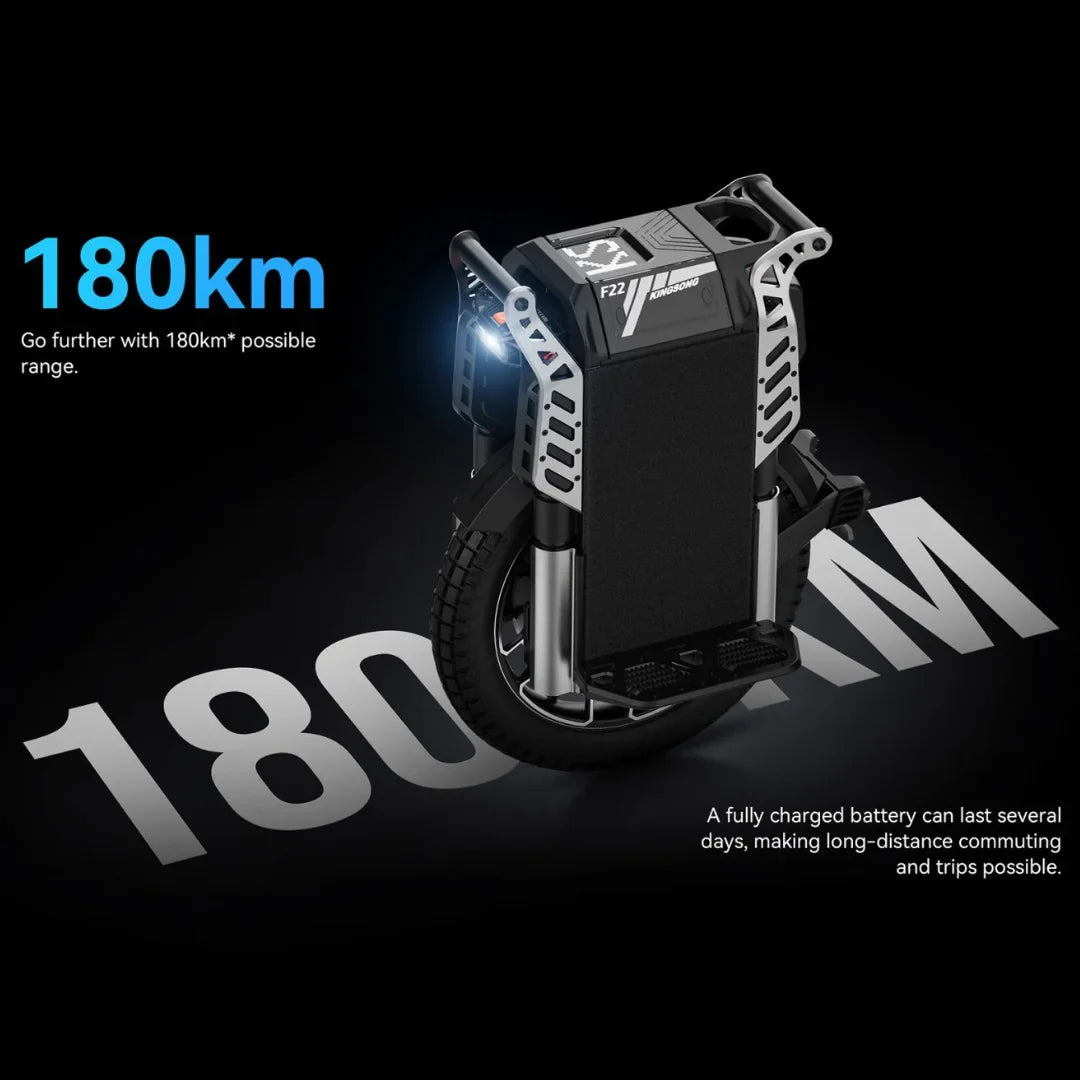 Electric Unicycle Kingsong F22 Pro, features a 180km range, ideal for long-distance commuting and adventures.