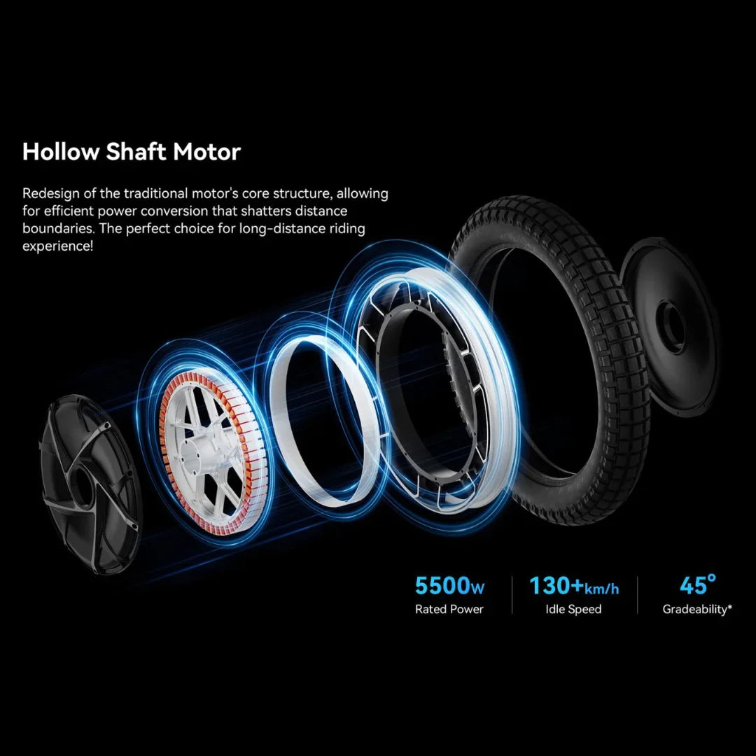 Electric Unicycle Kingsong F22 Pro features a hollow shaft motor for efficient power conversion, rated at 5500W, with speeds over 130 km/h and a 45° gradeability.