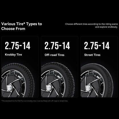 Electric Unicycle Kingsong F22 Pro features three tire types: Knobby, Off-road, and Street options, size 2.75-14.