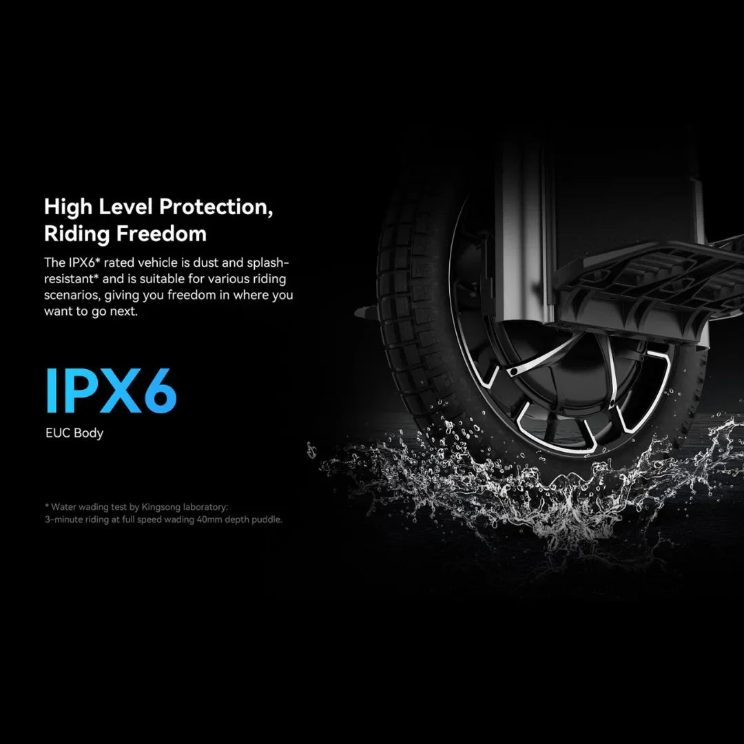 Electric Unicycle Kingsong F22 Pro features IPX6 rating for dust and splash resistance, ideal for any adventure.