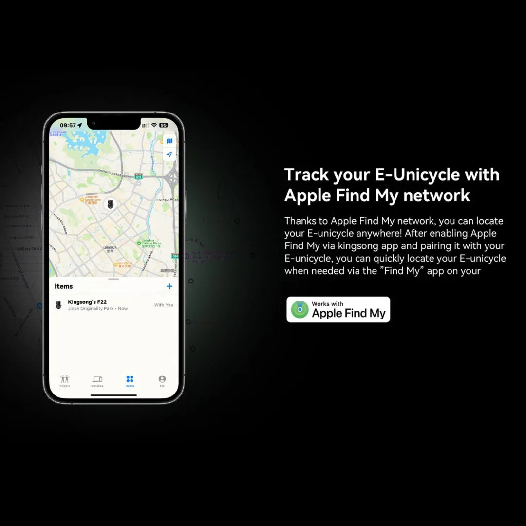Electric Unicycle Kingsong F22 Pro enables tracking through Apple Find My app for easy location access.