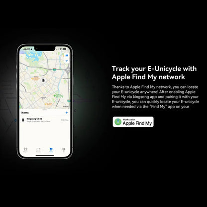 Electric Unicycle Kingsong F22 Pro enables tracking through Apple Find My app for easy location access.