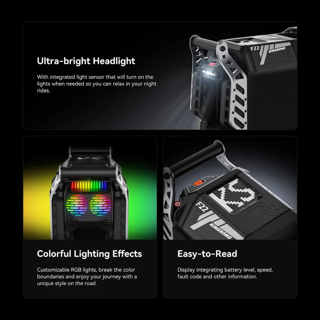 Electric Unicycle Kingsong F22 Pro features an ultra-bright headlight, customizable RGB lights, and an easy-to-read display.