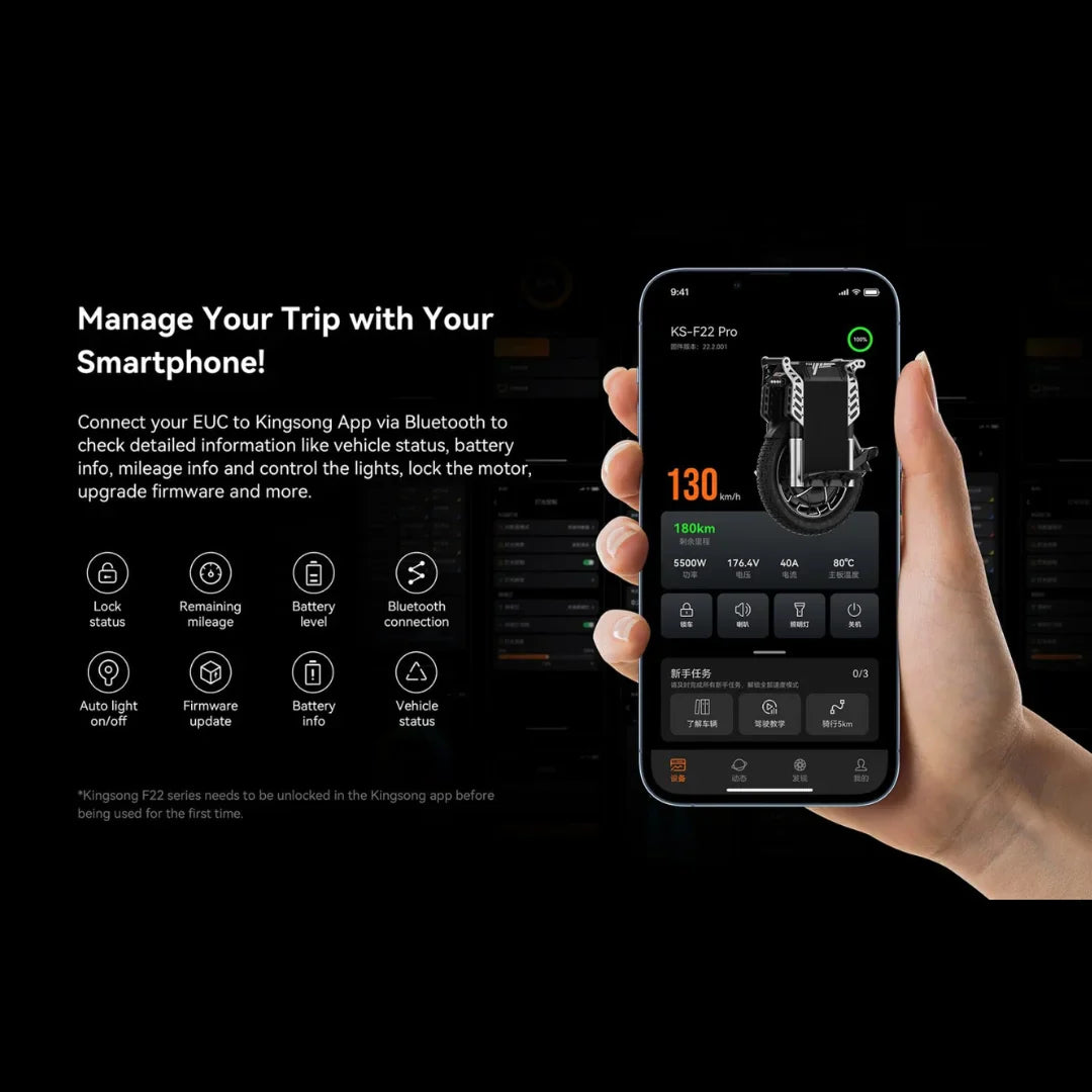 Electric Unicycle Kingsong F22 Pro displays smartphone connectivity and detailed vehicle management features.