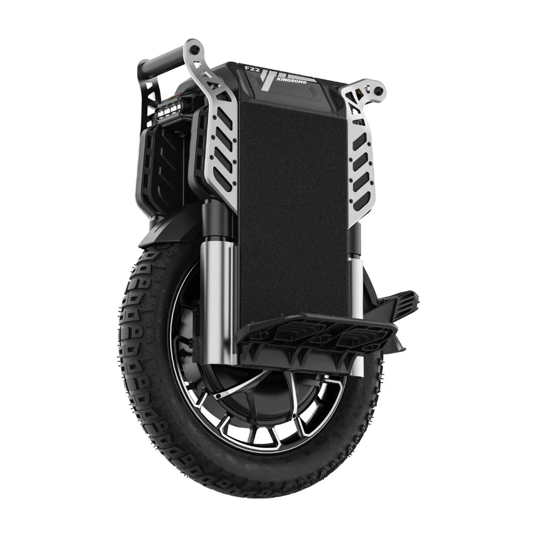Electric Unicycle Kingsong F22 Pro features a robust design, all-terrain tire, and stylish frame, perfect for rides.