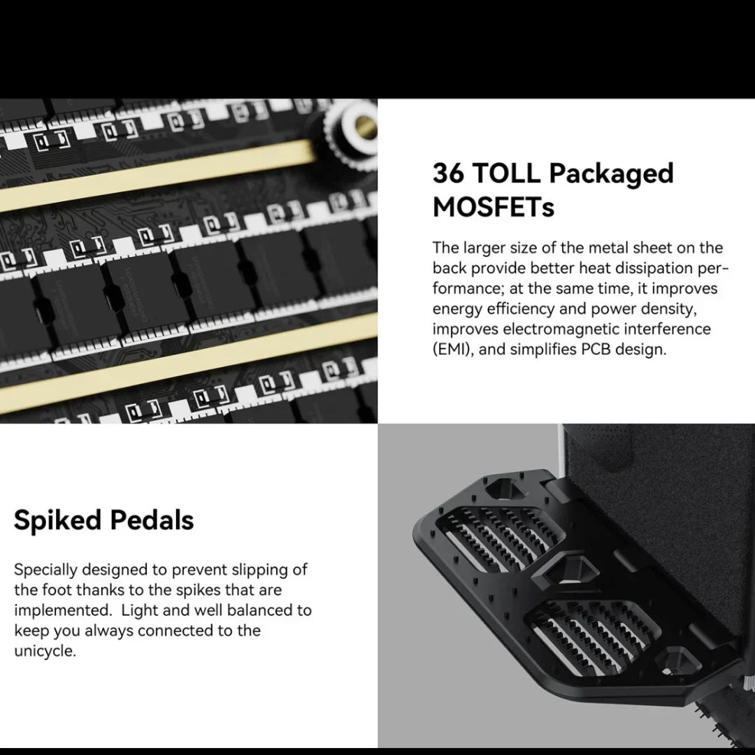 Electric unicycle KingSong F22 Pro – mOSFETs and spiked pedals close-up