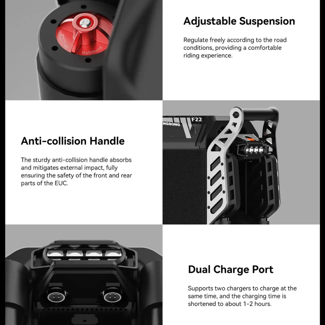 Electric unicycle KingSong F22 Pro – suspension, handle, and charge port details