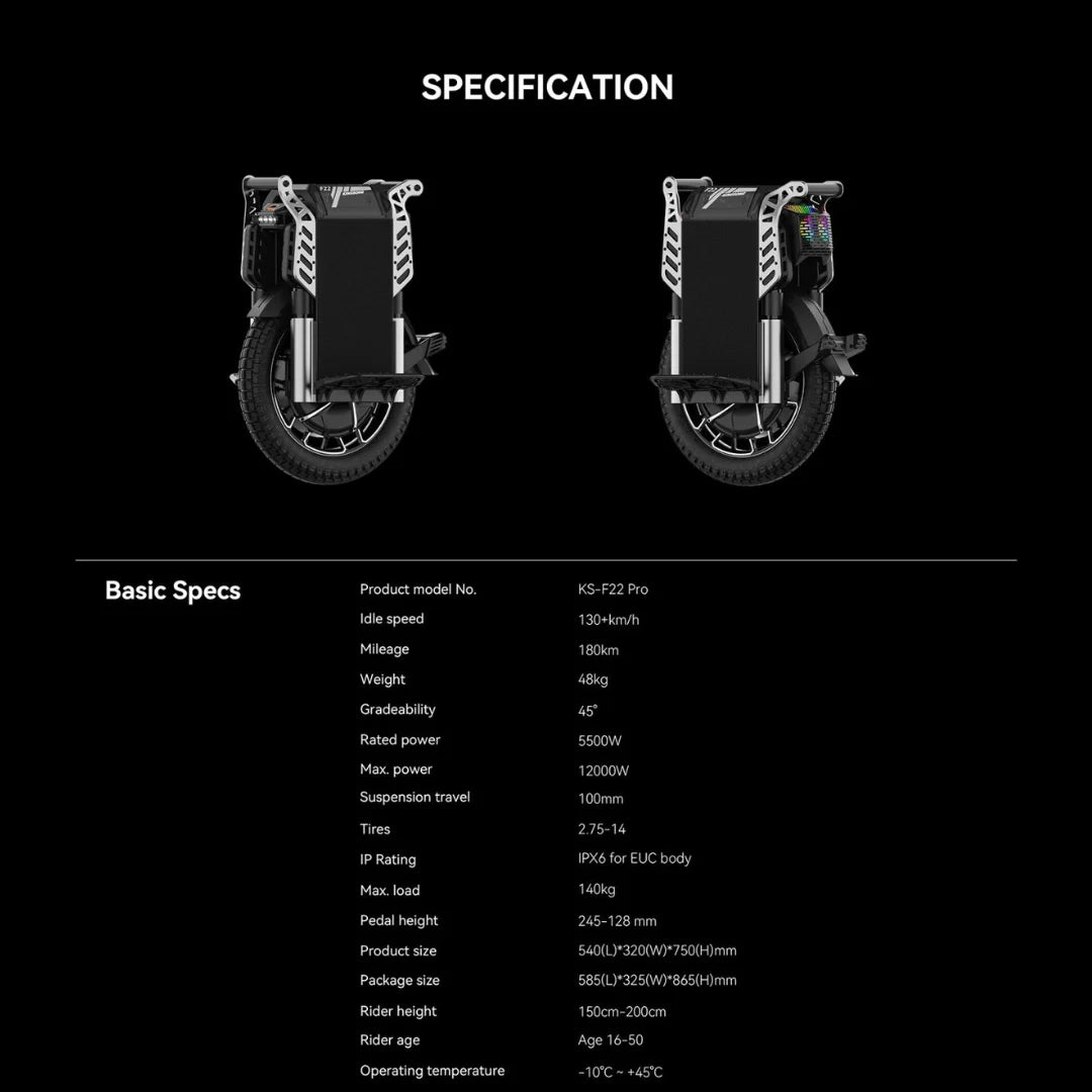 Electric unicycle KingSong F22 Pro – specification table and two side views