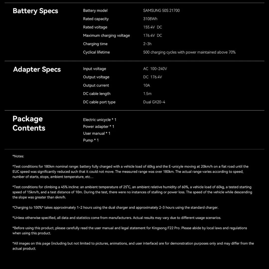Electric unicycle KingSong F22 Pro – battery, adapter, and package contents specifications