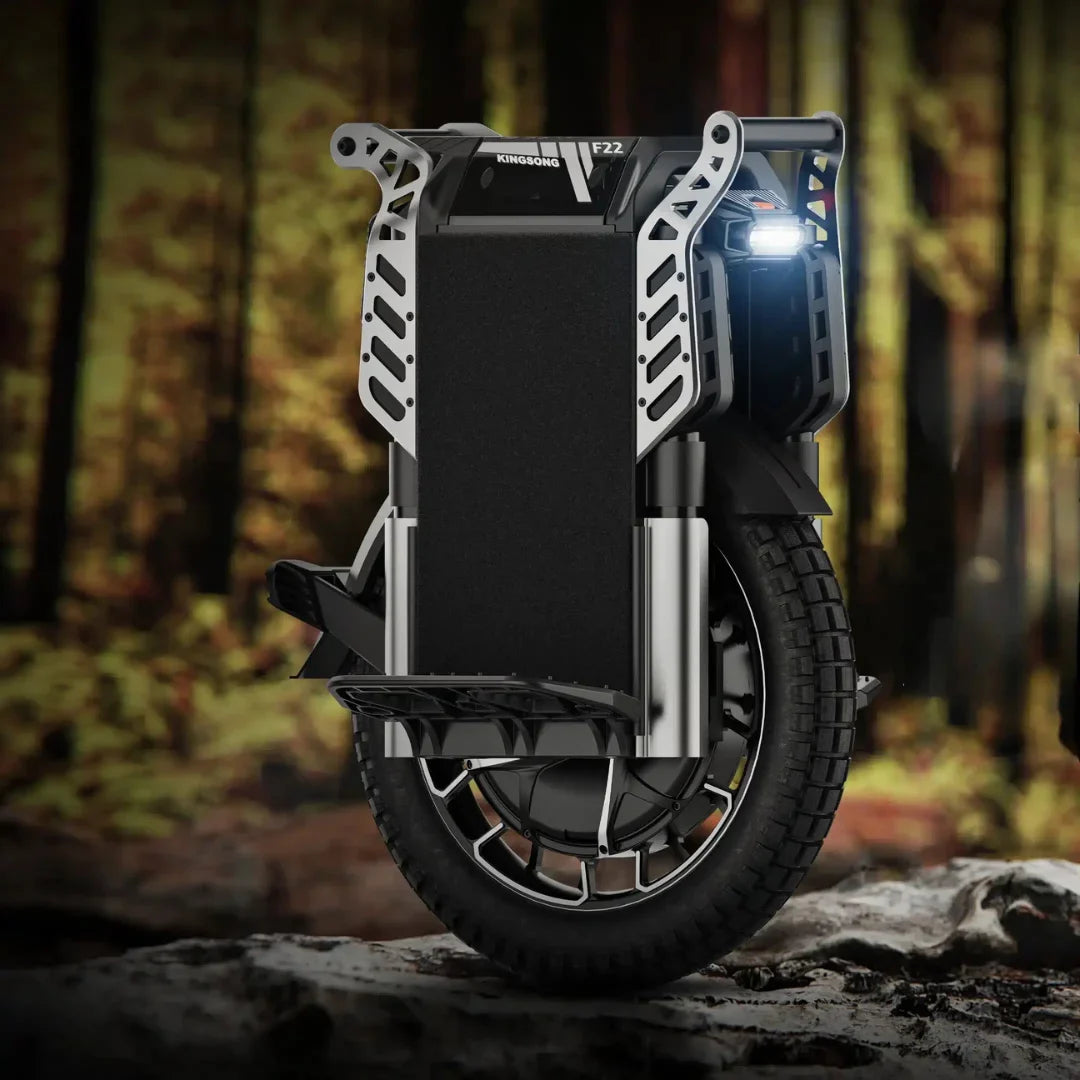 Electric Unicycle Kingsong F22 Pro features a sleek design, sturdy frame, and advanced tire for off-road use.