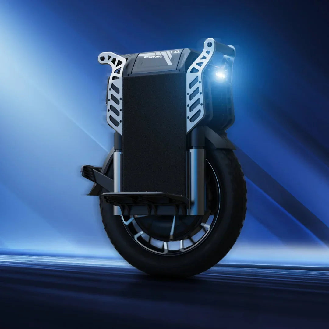 Electric unicycle KingSong F22 Pro – front three-quarter view with blue background