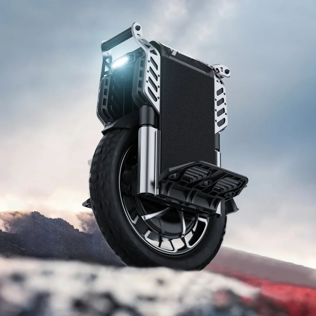 Electric Unicycle Kingsong F22 Pro features a sturdy design, all-terrain tire, and powerful LED light.