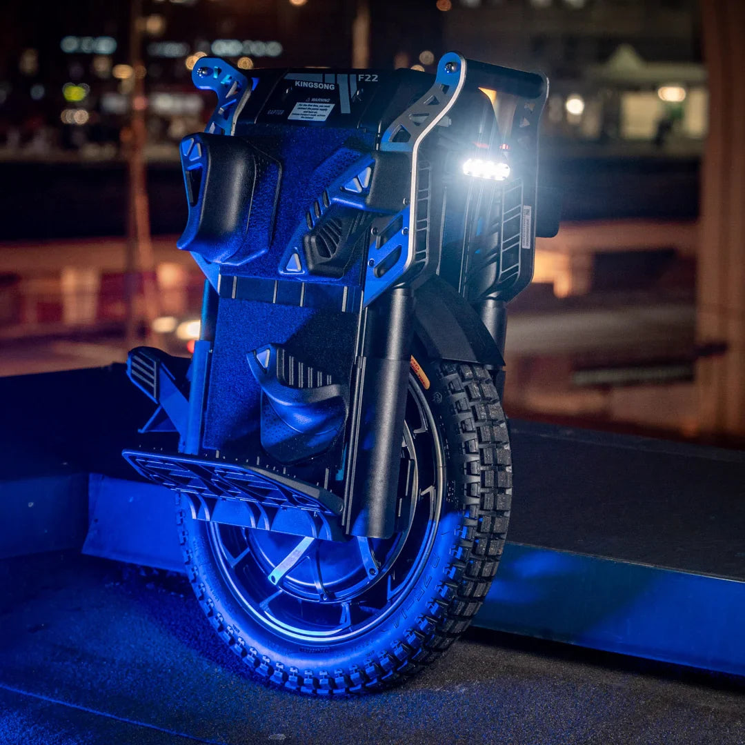 Kingsong F22 Pro Electric Unicycle features a rugged design, LED lights, and a thick all-terrain tire for durability.