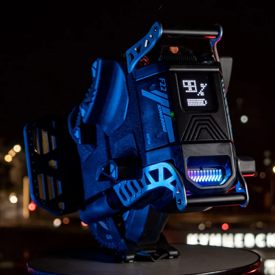 Electric Unicycle Kingsong F22 Pro features a sleek design, vibrant LED lights, and an informative display.