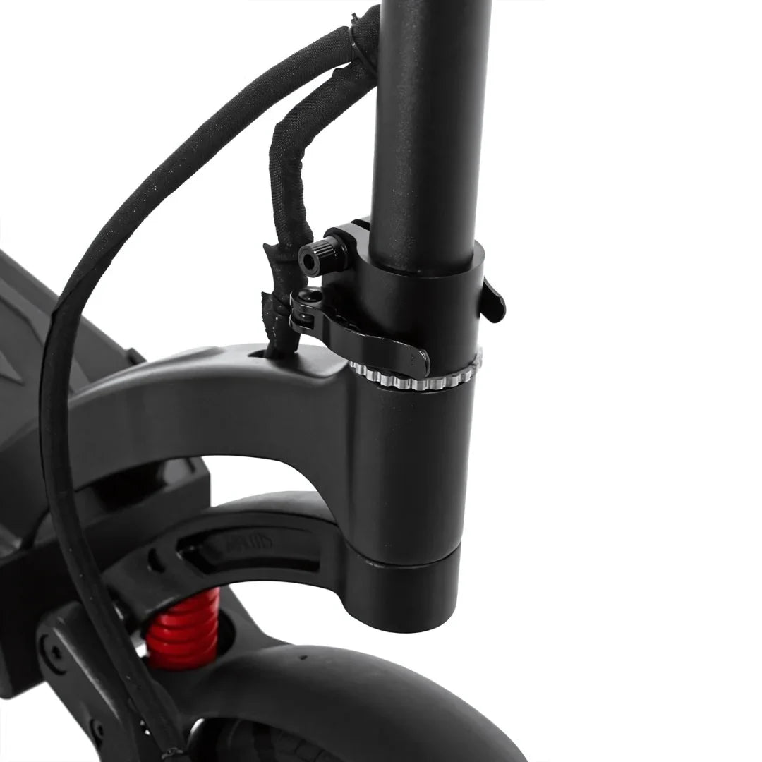Product title: Electric Scooter Kaabo Mantis 10 Plus. Description: Close-up of the front fork and clamp of the Electric Scooter Kaabo Mantis 10 Plus.