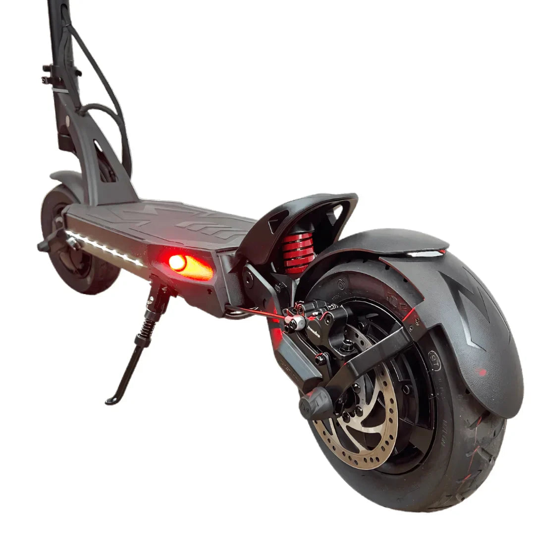 Electric scooter Kaabo Mantis 10 PLUS – rear three-quarter view with lights