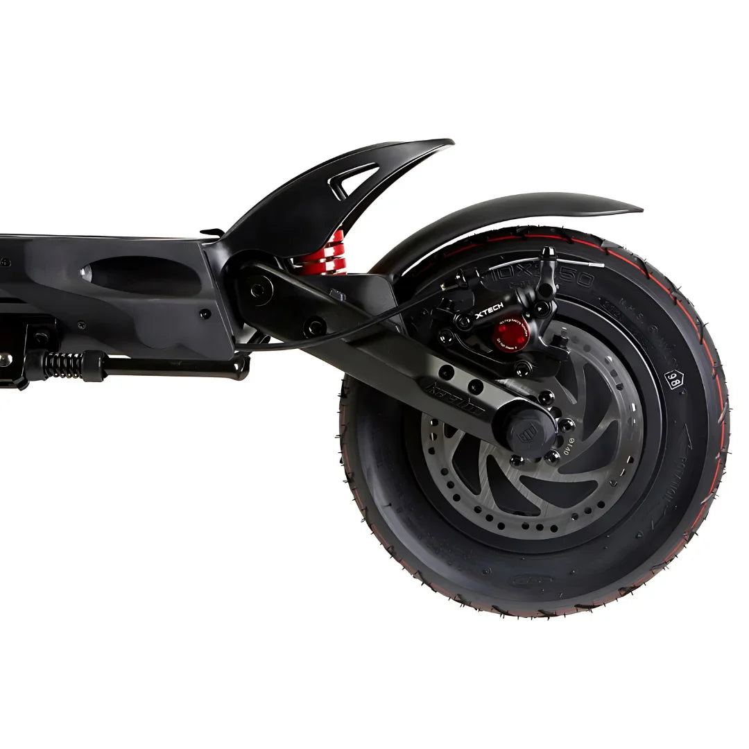Electric Scooter Kaabo Mantis 10 Plus features a robust design with dual suspension, and a wide rear tire for stability.