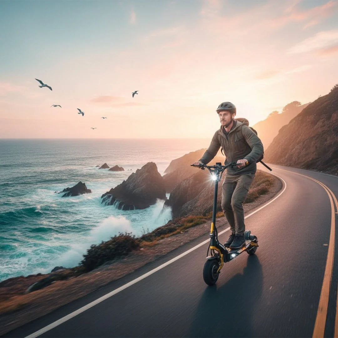 Electric scooter Kaabo Mantis King GT – person riding on coastal road at sunset