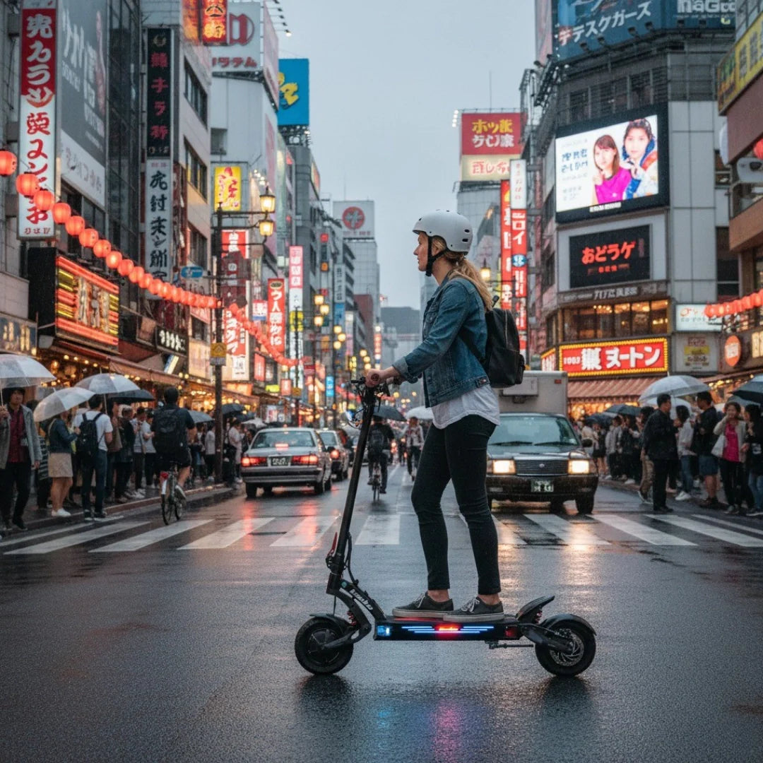 Electric scooter Kaabo Mantis King GT – rider on scooter in city street