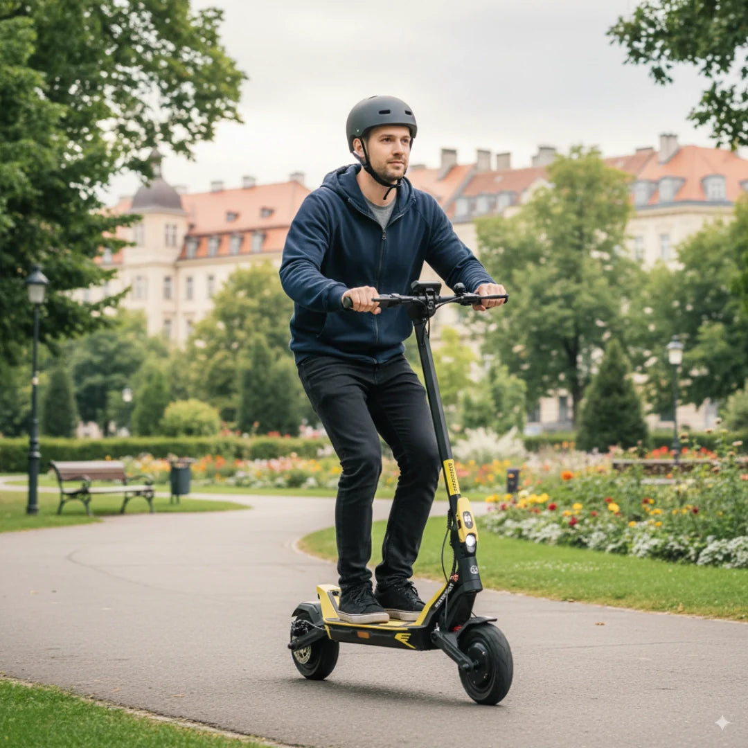 Electric scooter Kaabo Mantis URBAN – man riding on park path