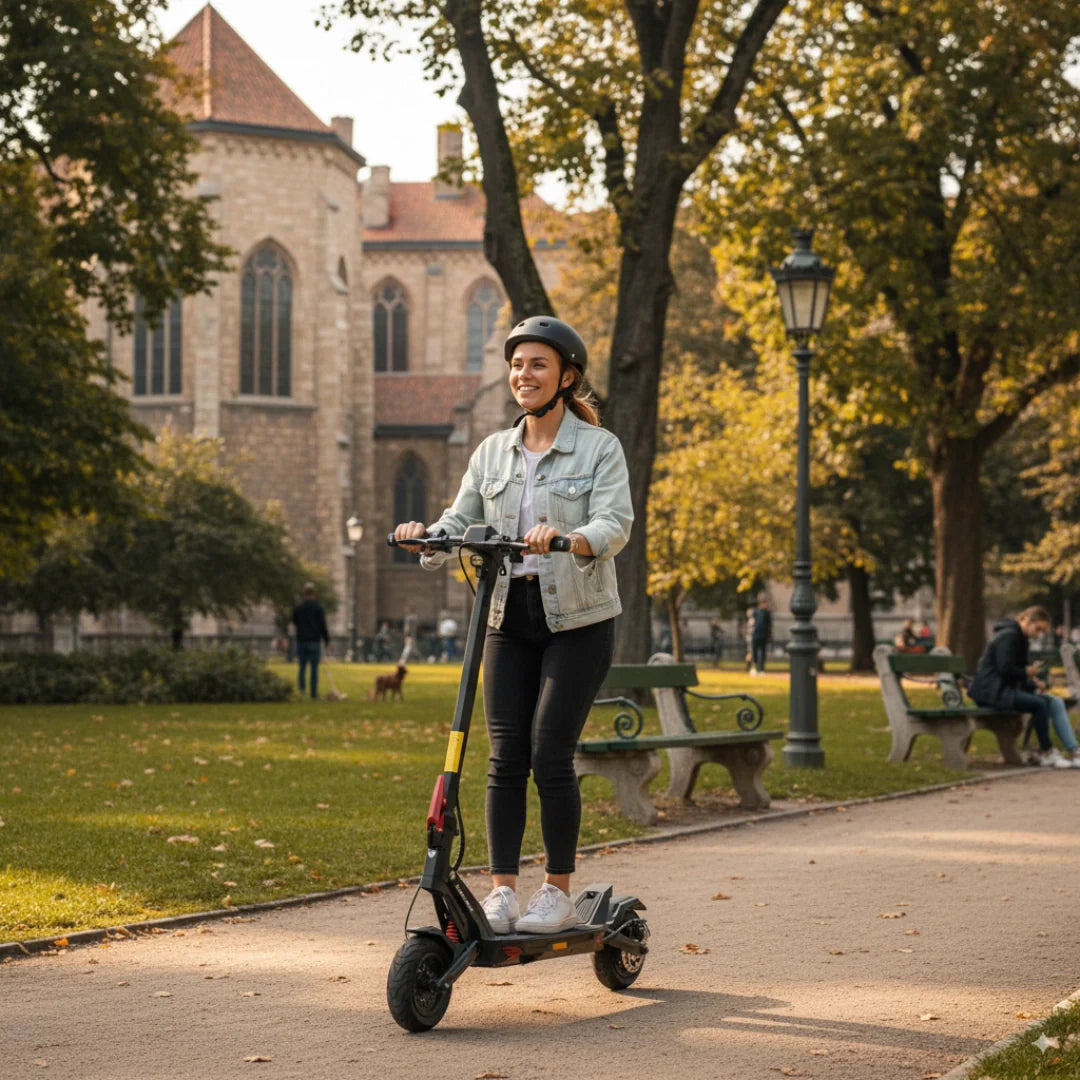 Electric scooter Kaabo Mantis URBAN – woman riding on park path