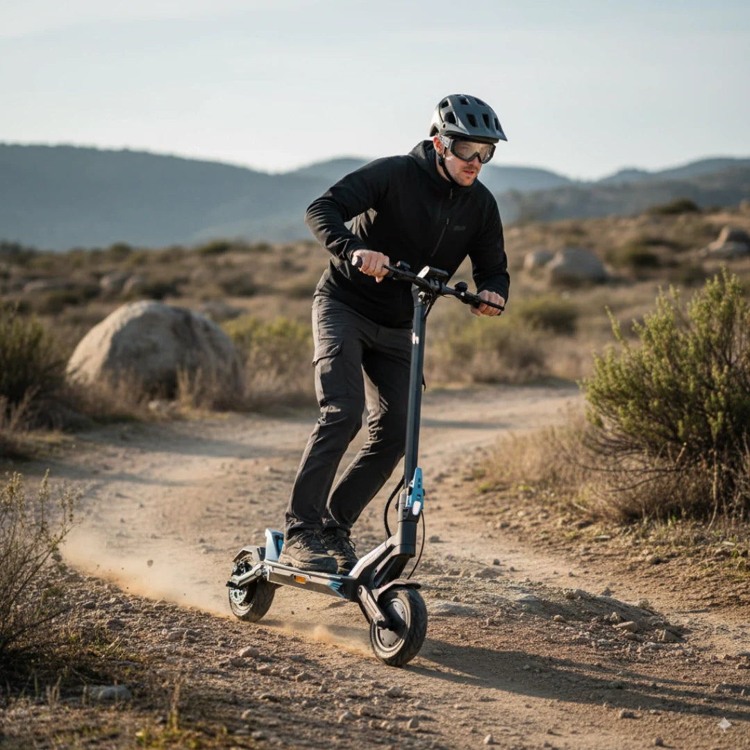 Electric scooter Kaabo Mantis URBAN – man riding on dirt trail