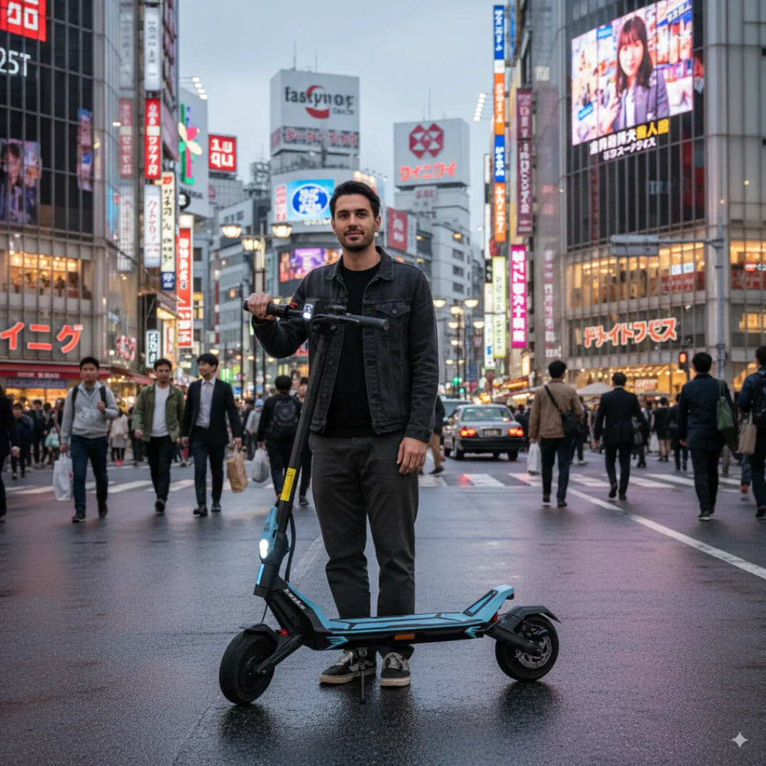 Electric scooter Kaabo Mantis URBAN – man holding on city street