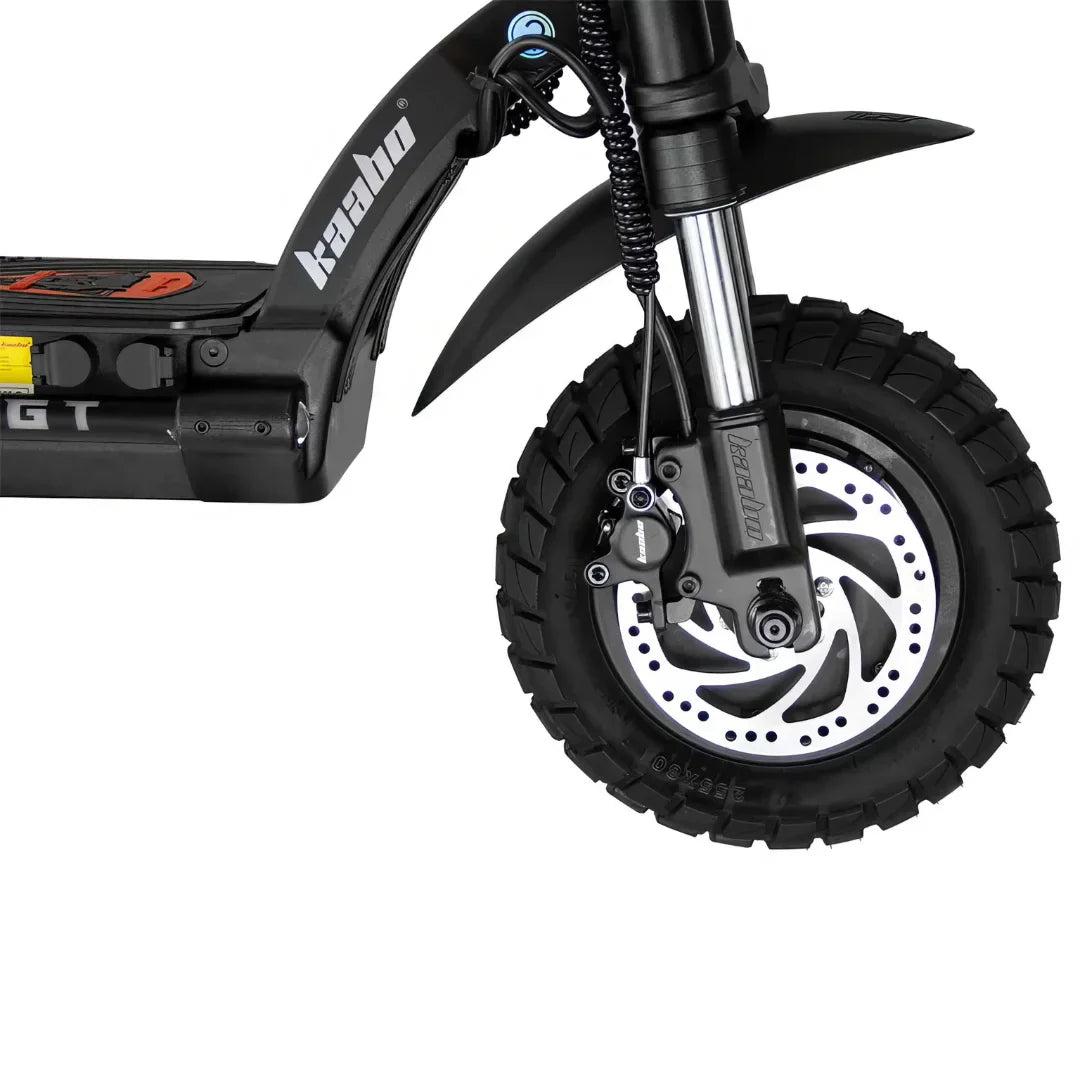 Electric scooter Kaabo Wolf Warrior X GT – front wheel and suspension close-up