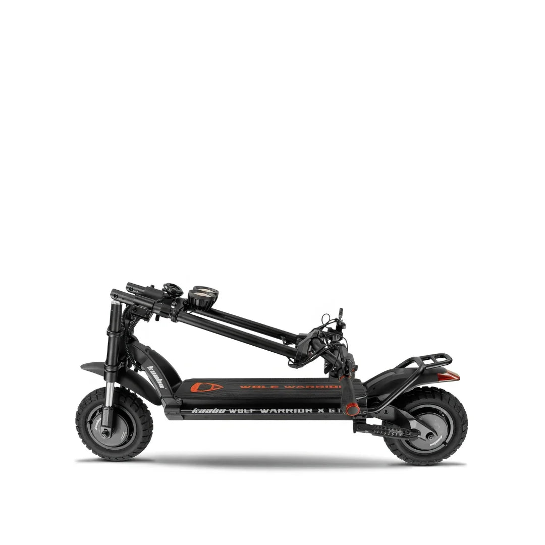 Electric Scooter Kaabo Wolf Warrior X GT features a sleek foldable design, rugged tires, and a sturdy frame for durability.