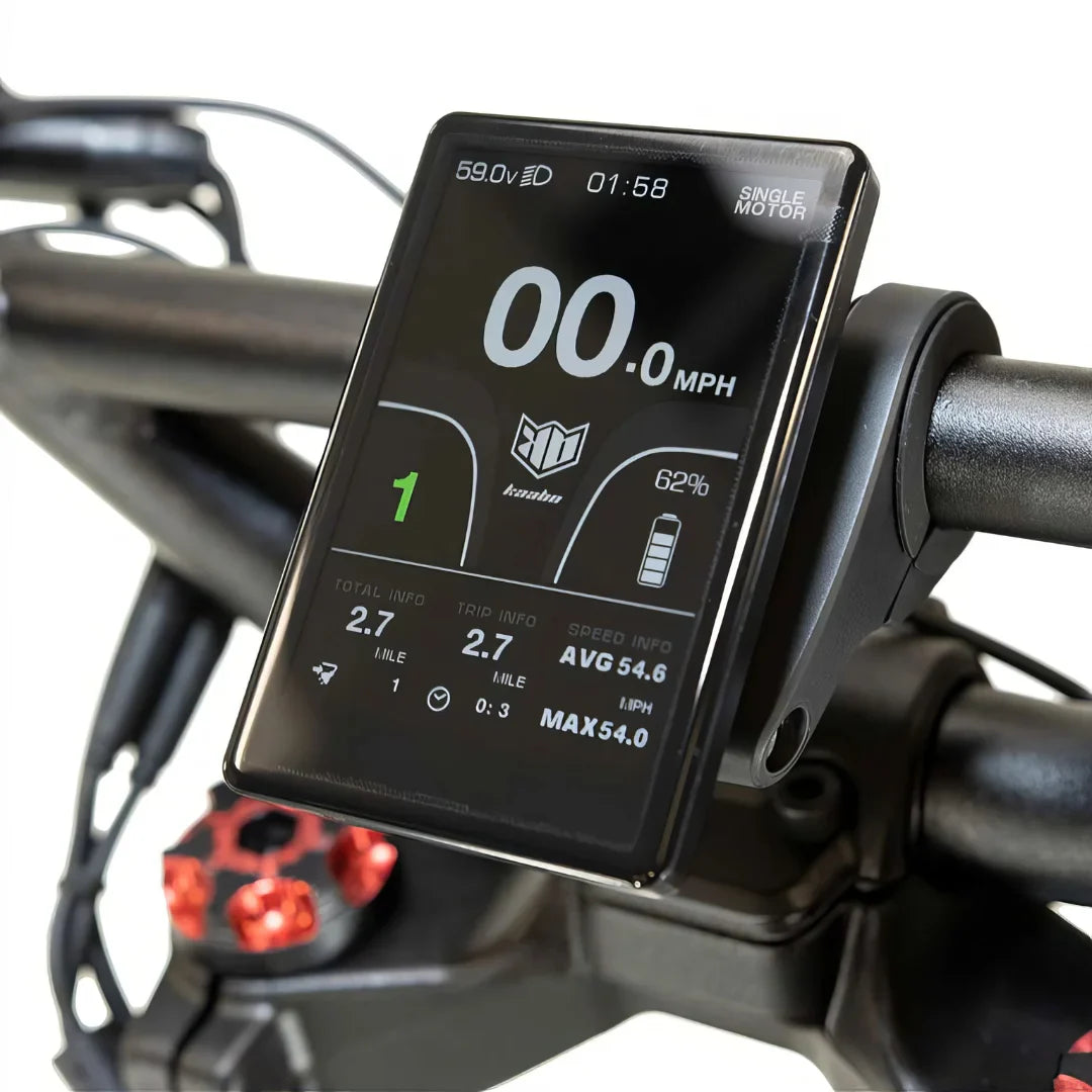 Electric Scooter Kaabo Wolf Warrior X GT features a sleek display showing speed, battery life, and trip info.