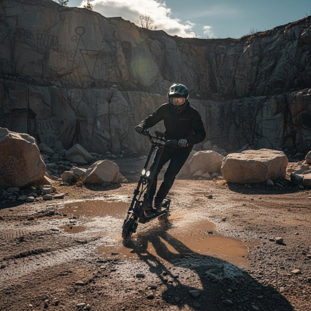 Electric scooter Kaabo Wolf Warrior X MAX – rider on scooter in rocky terrain