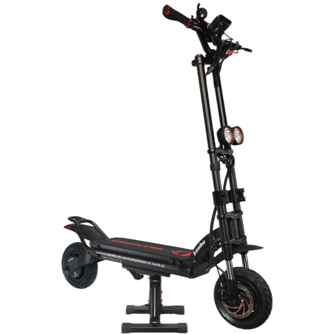 Electric scooter Kaabo Wolf Warrior X MAX – front three-quarter view on stand